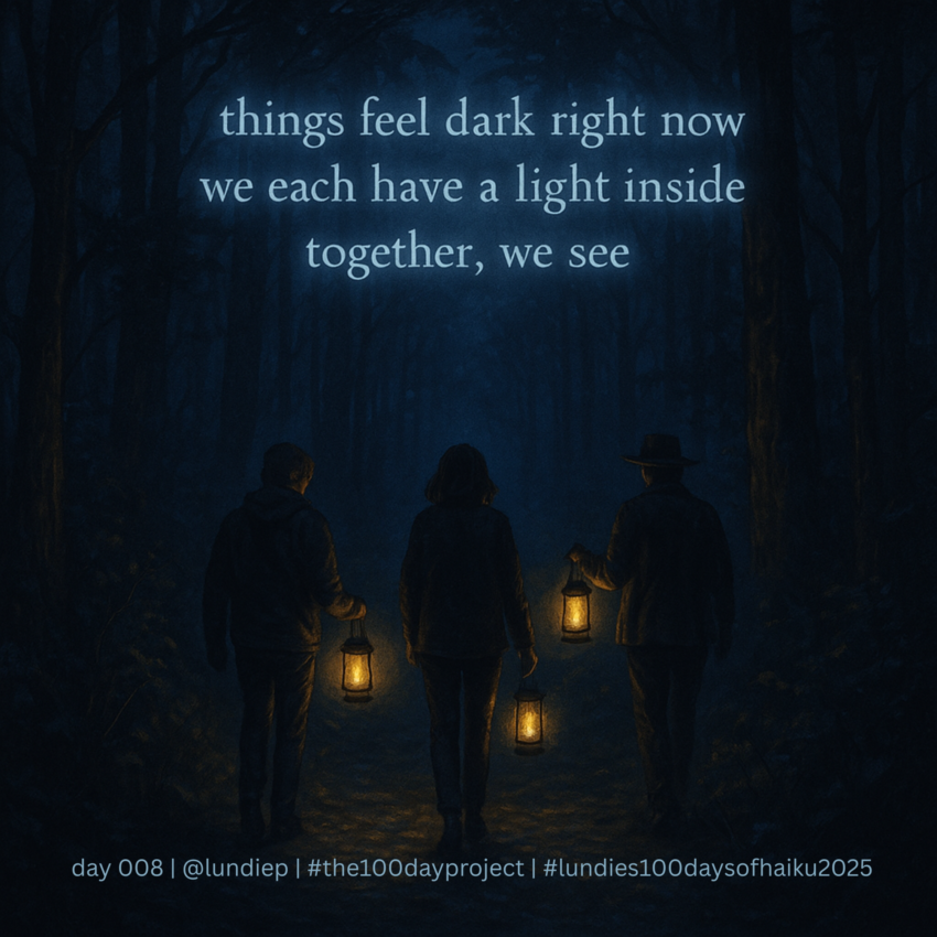 Three people walk along a dark forest path at night, each holding up a lantern that casts warm, golden light. The path ahead is illuminated softly by the glow, revealing a way forward through the surrounding shadows. The scene feels quiet, determined, and hopeful, with deep blue tones and silhouetted trees framing the figures.