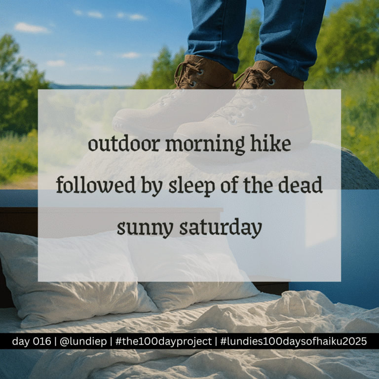 background image is of someone standing on a rock in hiking boots in the top half of the image. lower half of the image is of a messy bed. text of the post is overlaid on the image.